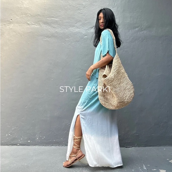 STYLE PARK MAXI KAFTAN DRESS - BNWT - ONE SIZE - BLUE DAISY/CREAM OMBRE - Picture 4 of 11